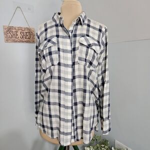 Ryu Plaid Lace Back Button Down Shirt Navy Cream Roll Tab Sleeve Large Cottage